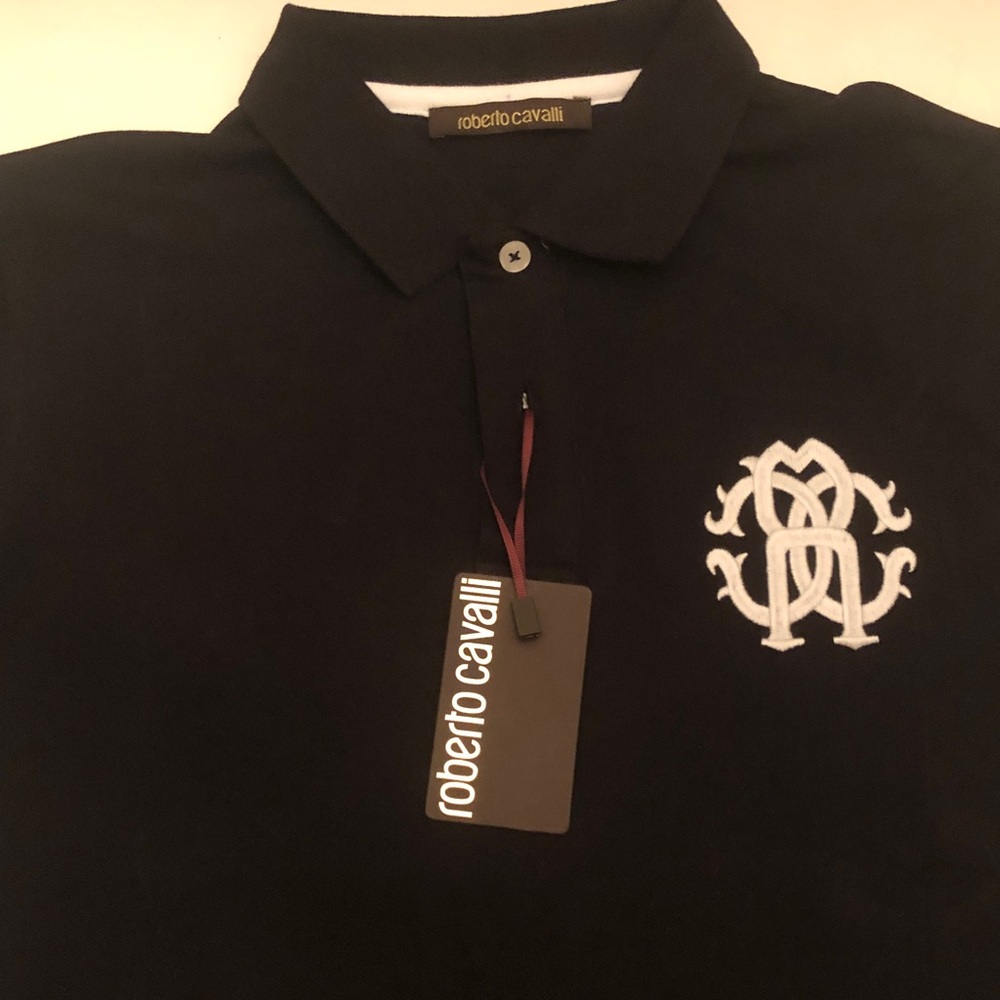 Roberto Cavalli Black Polo with White Monogram Size Small NWT